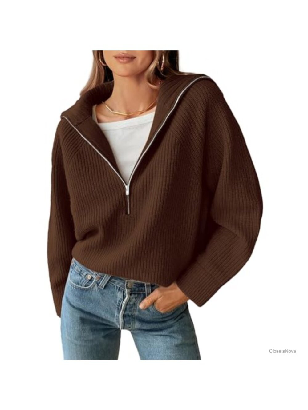 Women's Rib Knit V Neck Quarter Zip Long Sleeve Pullover Sweater Relaxed Fit